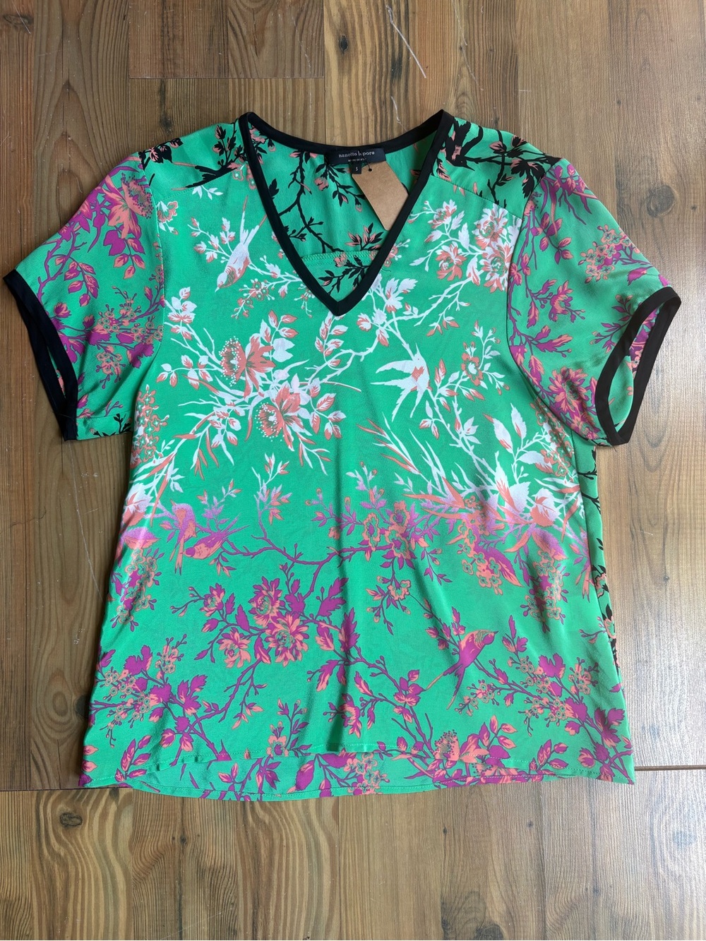Nanette Lepore Floral V-Neck Short Sleeve Top - Green